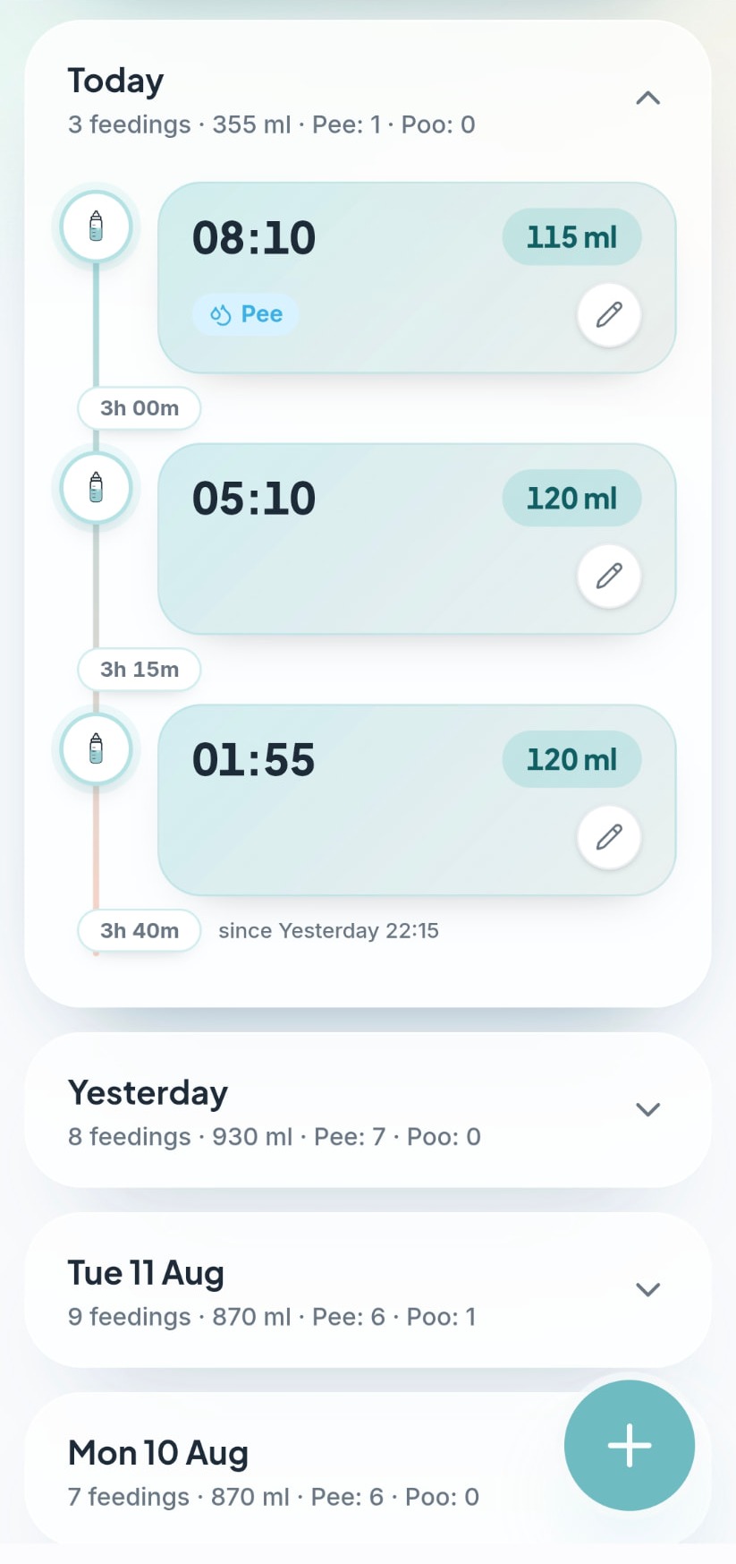 Tottsee feeding timeline showing each bottle with the time between feedings