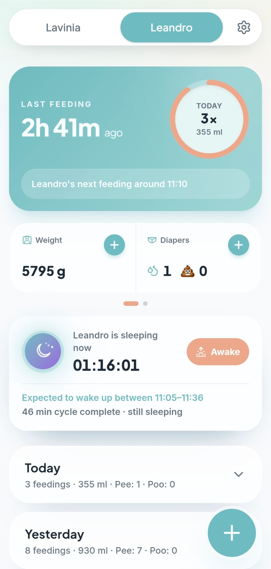 Tottsee dashboard showing time since the last feeding, today's totals, diapers, weight and the next nap